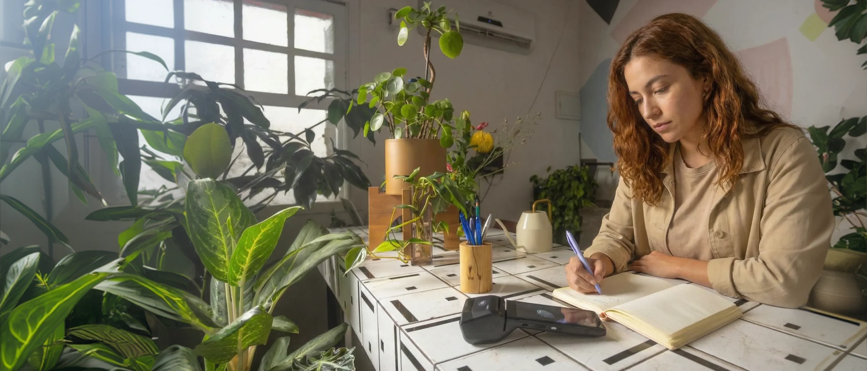 Um homem usando um gorro roxo e uma jaqueta marrom está inclinado sobre uma mesa de trabalho cercada por plantas. Ele está lendoum caderno enquanto olha para a maquininha da InfinitePay à sua frente. O ambiente é iluminado pela luz natural que entra pela janela ao fundo.