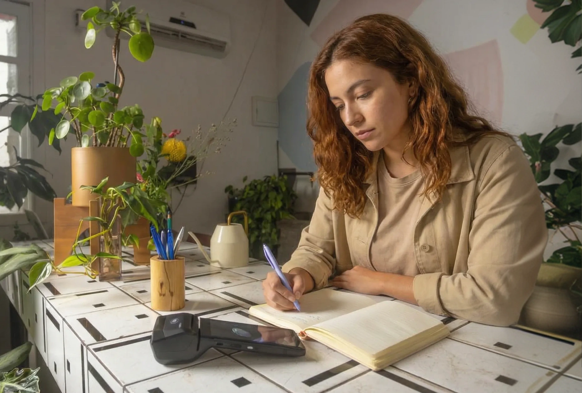 Um homem usando um gorro roxo e uma jaqueta marrom está inclinado sobre uma mesa de trabalho cercada por plantas. Ele está lendoum caderno enquanto olha para a maquininha da InfinitePay à sua frente. O ambiente é iluminado pela luz natural que entra pela janela ao fundo.