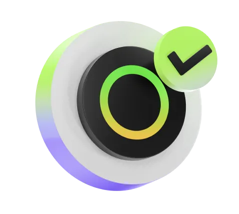 3D black button with a gradient ring and a green checkmark icon on a white circular base.