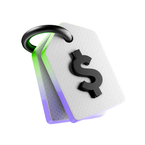 Two white price tags with textured dots and a black dollar sign attached by a black ring.