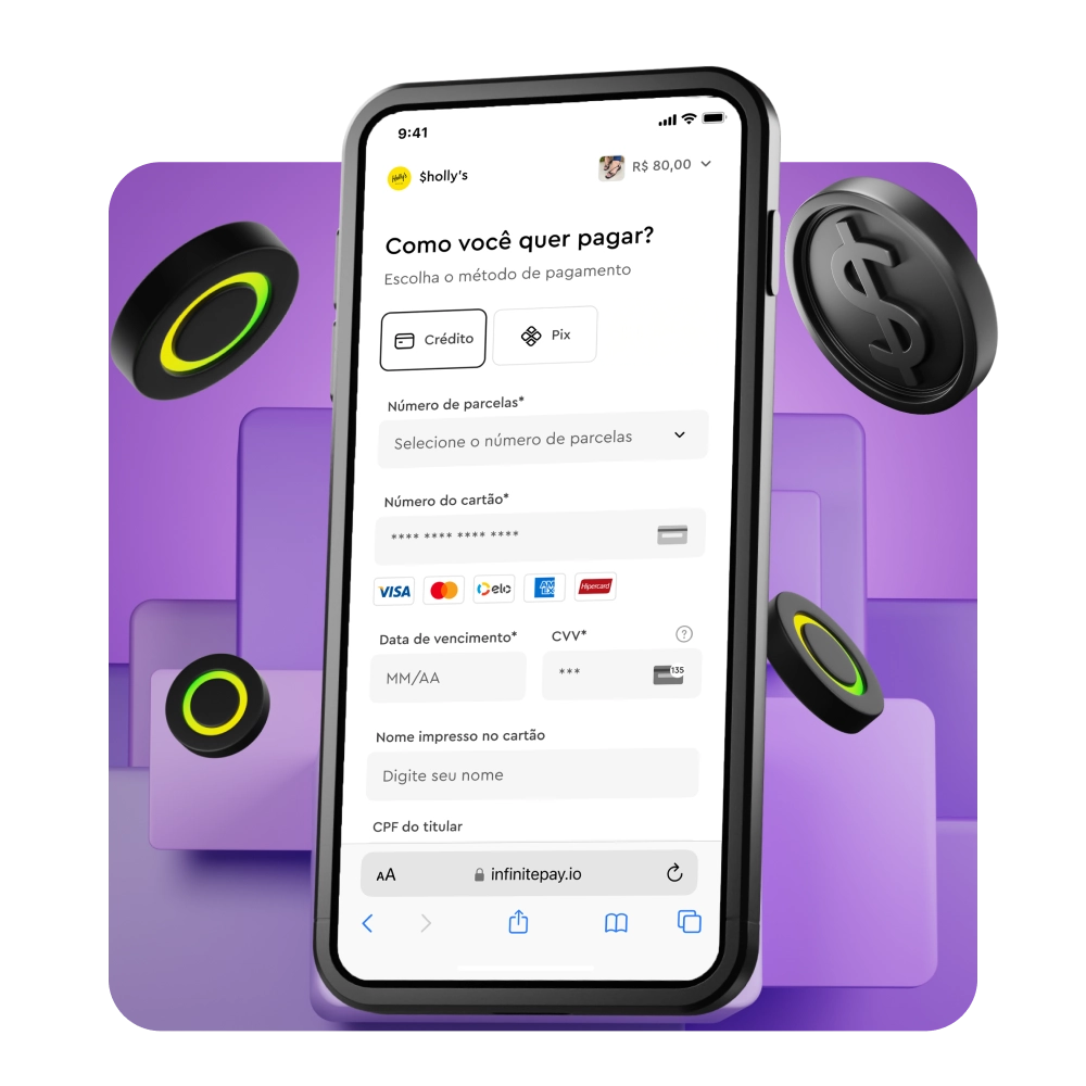 Tela do celular mostra as formas de pagamento que os clientes de Loja Online da InfinitePay podem realizar o pagamento: crédito, pix ou boleto
