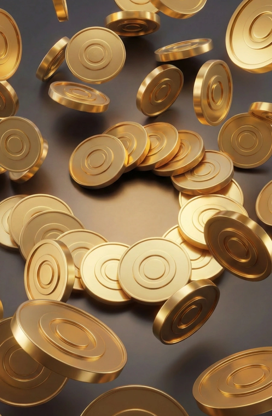 Muitas moedas douradas com círculos gravados, algumas flutuando e outras formando um círculo em fundo cinza.