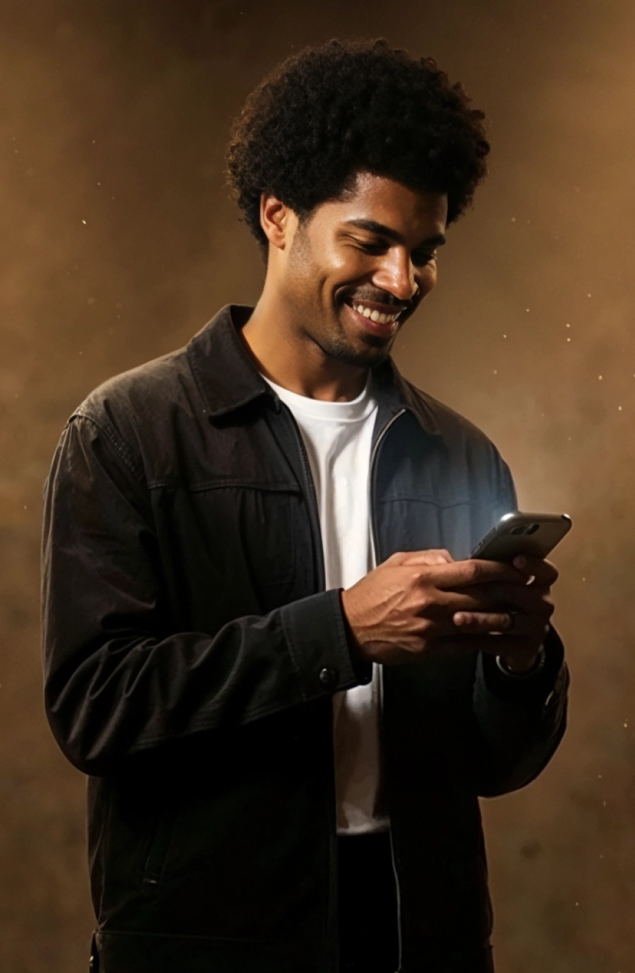 Homem negro sorrindo enquanto usa o app da InfinitePay no smartphone em fundo marrom desfocado.