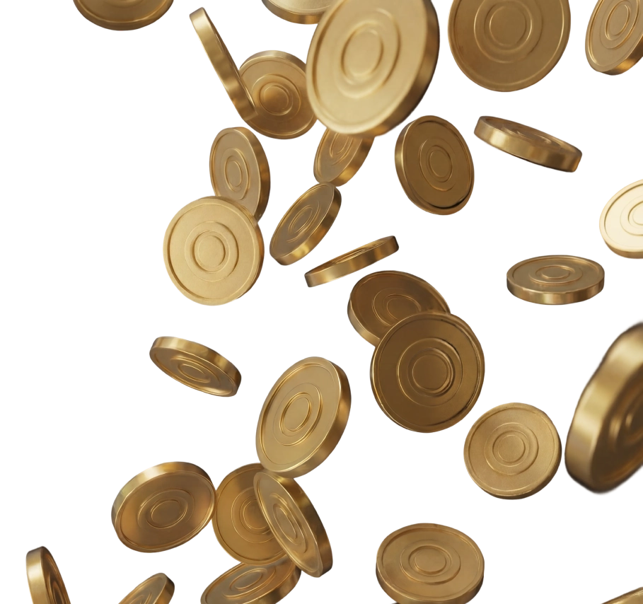 Múltiplas moedas douradas circulares caindo sobre fundo transparente.