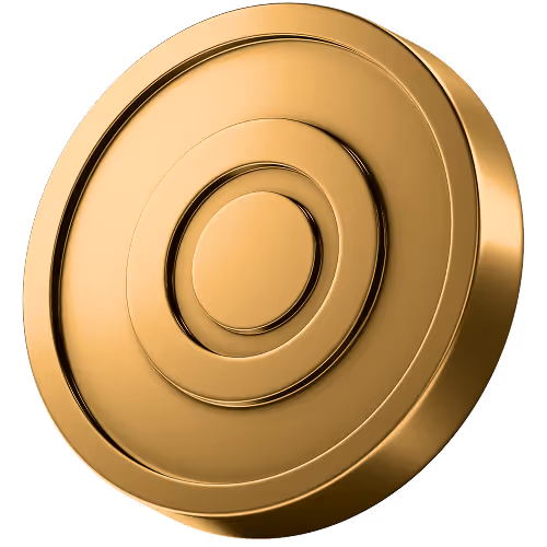 Moeda dourada com três círculos concêntricos em relevo.