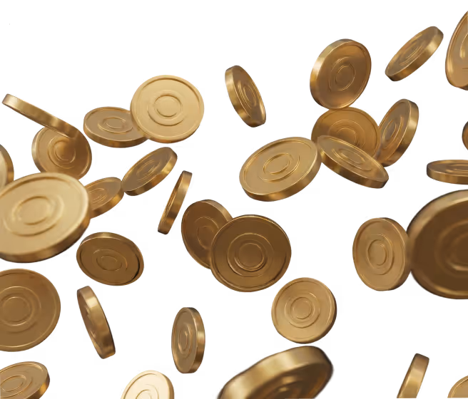 Várias moedas douradas flutuando sobre fundo transparente.