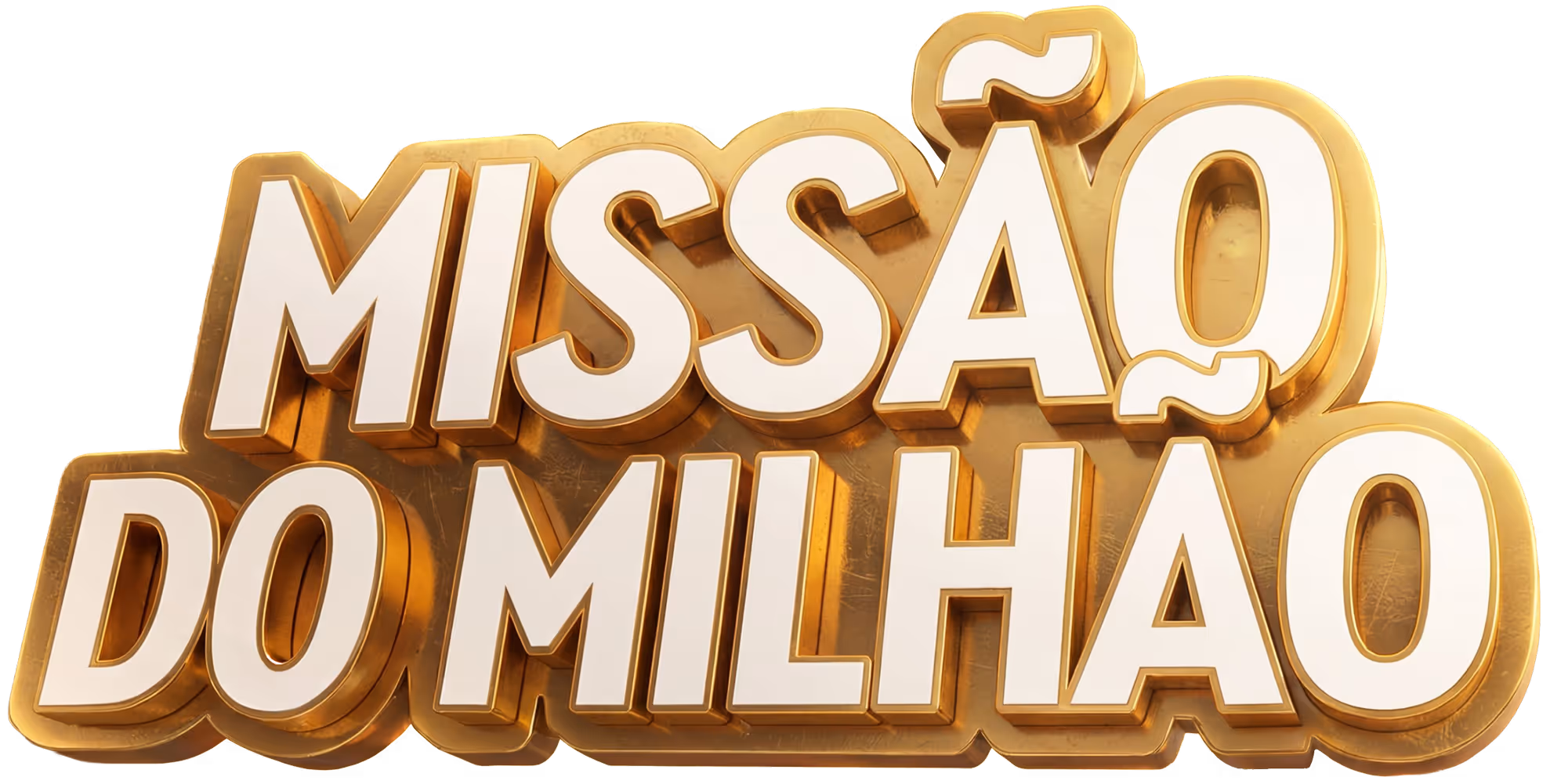 Texto tridimensional dourado e branco que diz 'MISSÃO DO MILHÃO', nome da campanha de sorteio realizada pela InfinitePay.