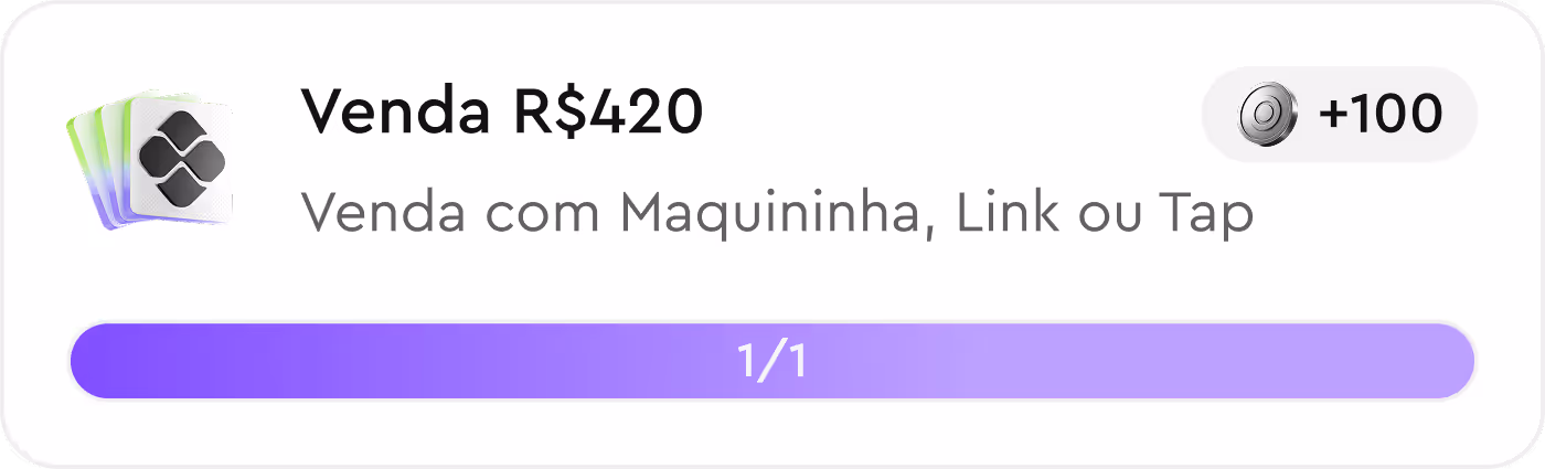 Interface da missão com nome de  'Pix por Aproximação', instrução para realizar um Pix por aproximação, barra de progresso completa com recompensa de +250 moedas.