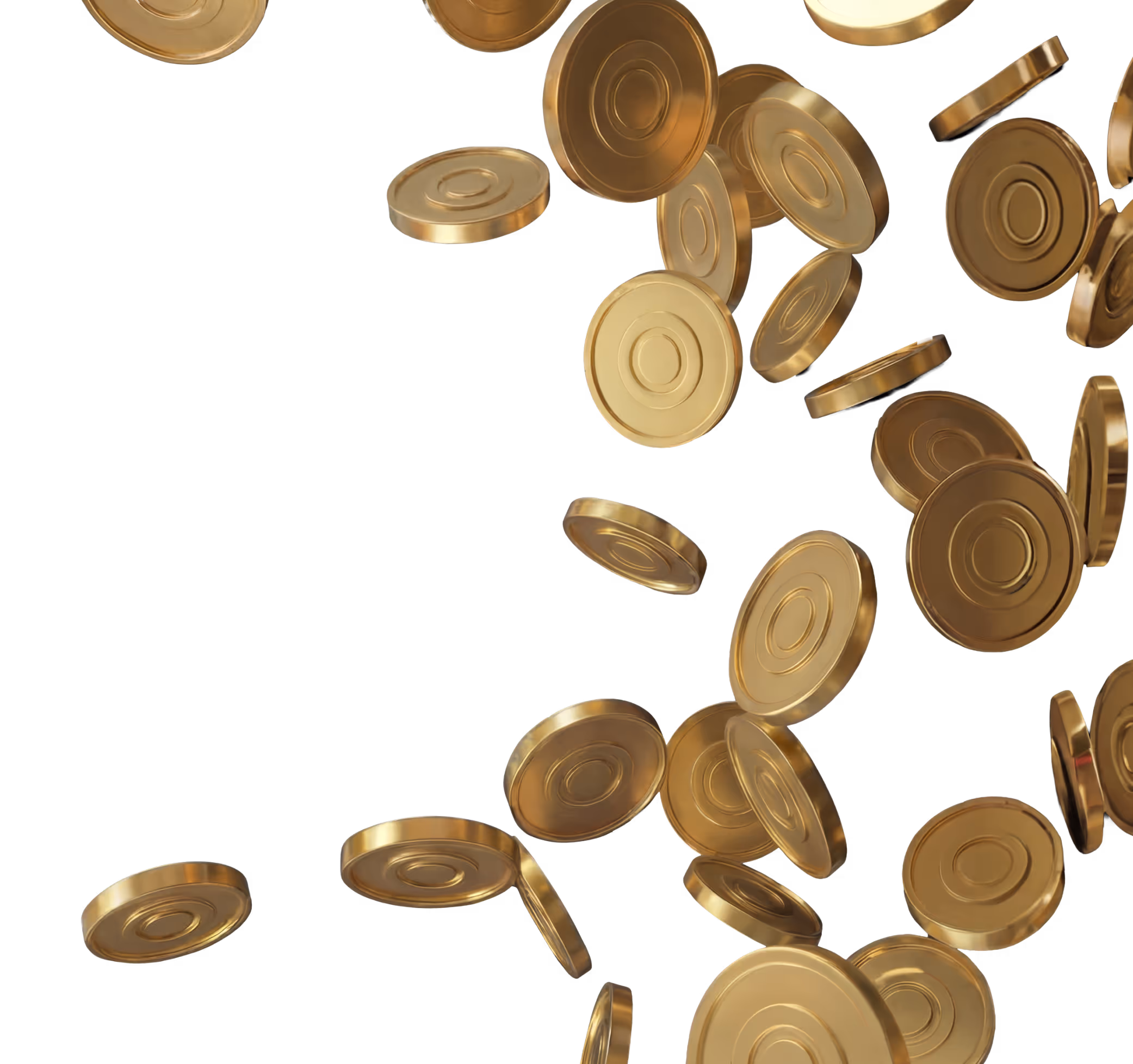 Múltiplas moedas douradas circulares caindo sobre fundo transparente.