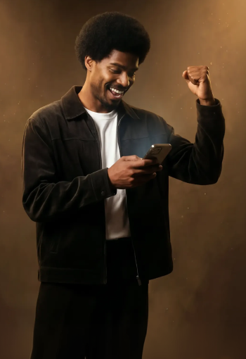 Homem negro sorrindo enquanto usa o app da InfinitePay no smartphone em fundo marrom desfocado.