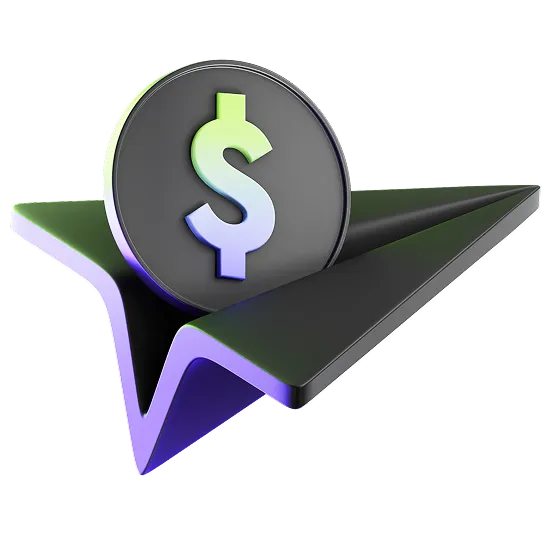 Black paper airplane carrying a black coin with a green-blue dollar sign on it.