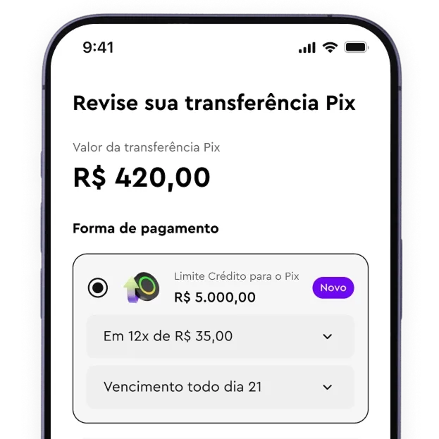 Tela do celular mostra ilustração no App da InfinitePay para que o cliente faça revisão da transferência Pix Parcelada