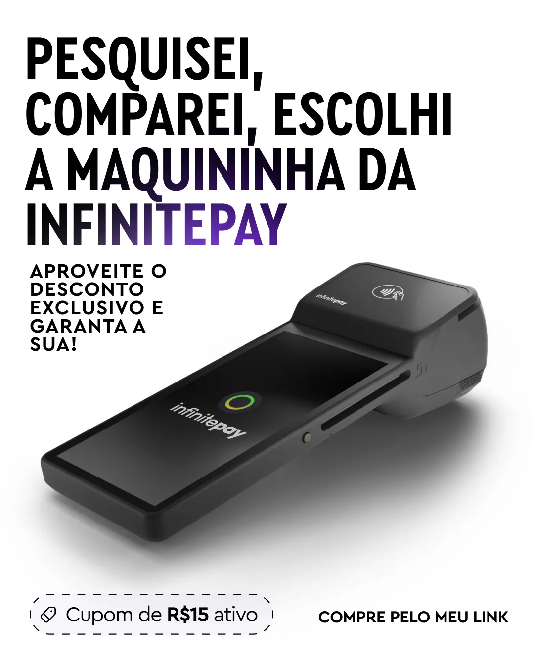 Black InfinitePay payment terminal with touchscreen and contactless payment symbol on white background.