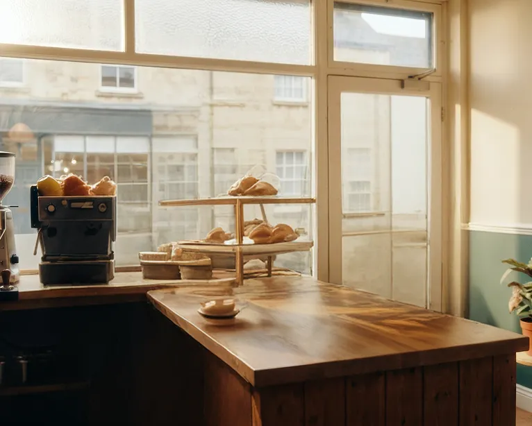 Cozy bakery counter with breads on wooden shelves and a coffee cup on the wooden table.
