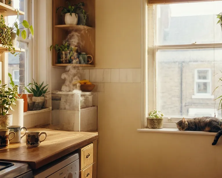 Cozy kitchen with sunlight, steaming kettle, various plants, mugs on wooden countertop, and cat sleeping on windowsill.