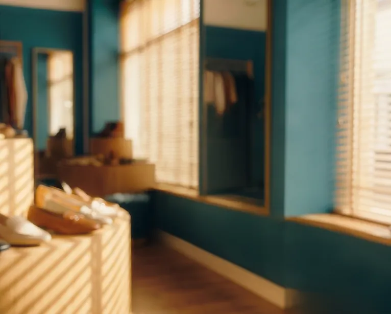 Blurred interior of a shoe store with shoes on display and sunlight coming through blinds.