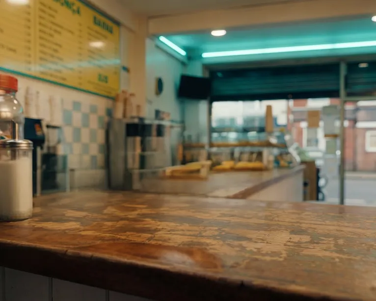 Empty worn wooden counter in a small cafe with blurred menu and condiment containers in background.