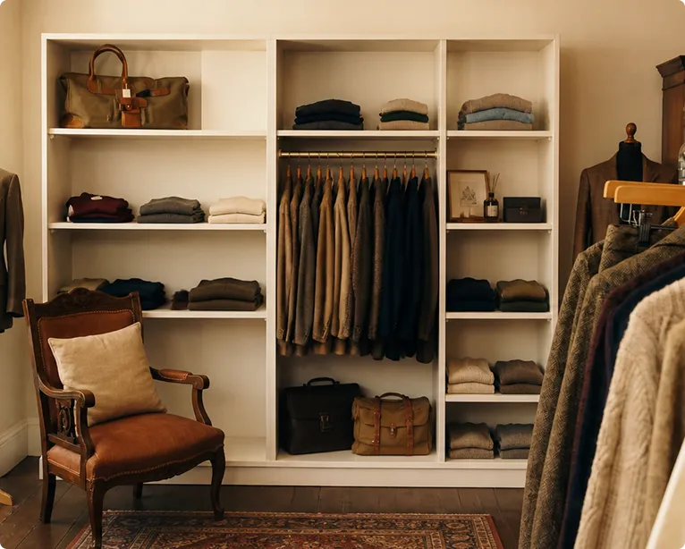 Clothes and bags neatly arranged on white shelves with a vintage armchair beside them.