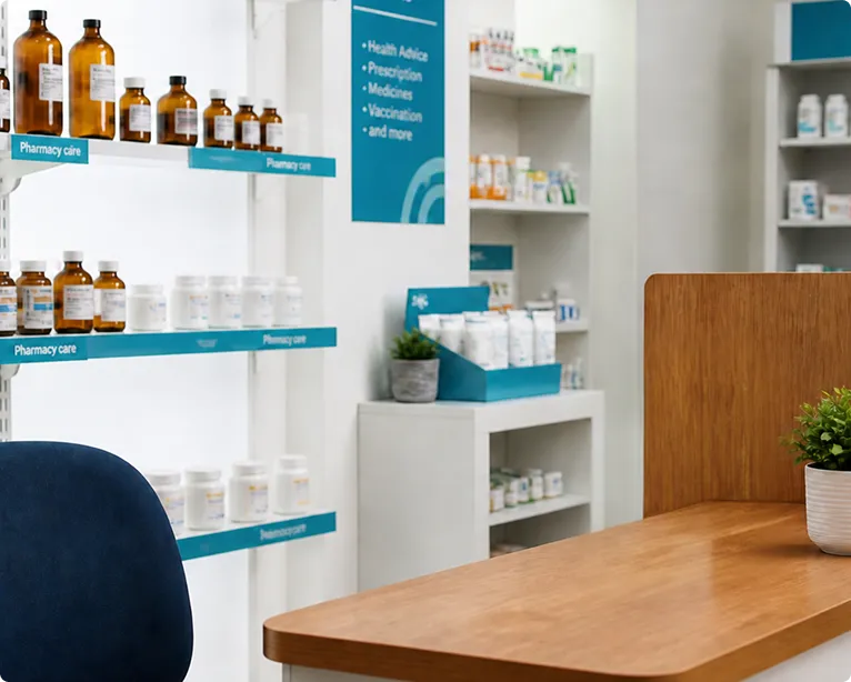 Pharmacy interior with shelves of medicine bottles, a wooden counter, and a blue chair.