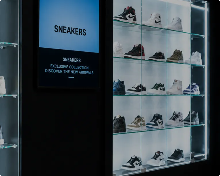 Store display with glass shelves showcasing multiple pairs of sneakers next to a sign about new arrivals.