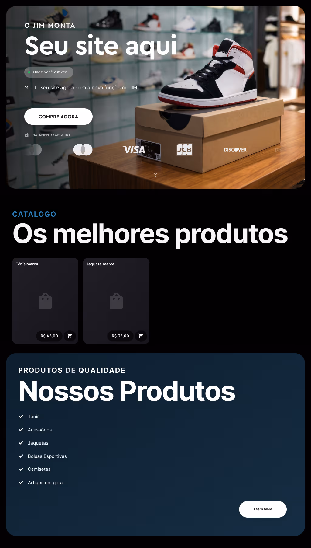 Landing page criada com o JIM: Seu site aqui, catálogo e produtos