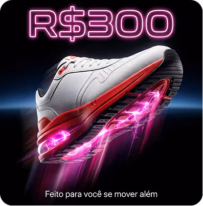 Arte gerada pelo JIM: tenis novo com 'R$300' e a frase 'Feito para voce se mover alem'