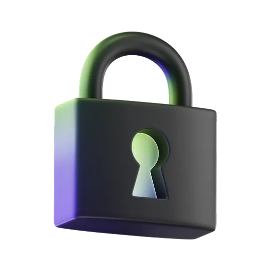 3D black padlock with a keyhole, highlighted with green and purple hues.