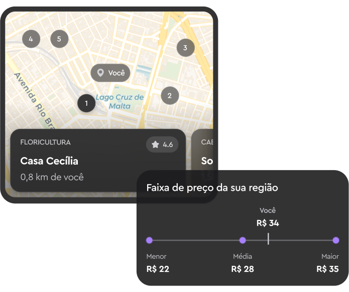 Map showing locations near you and a price range slider with your price highlighted at R$34.