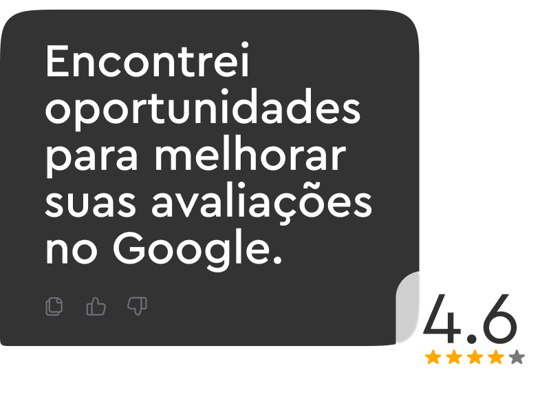 Testimonial text in Portuguese about improving Google reviews with a 4.6-star rating shown.