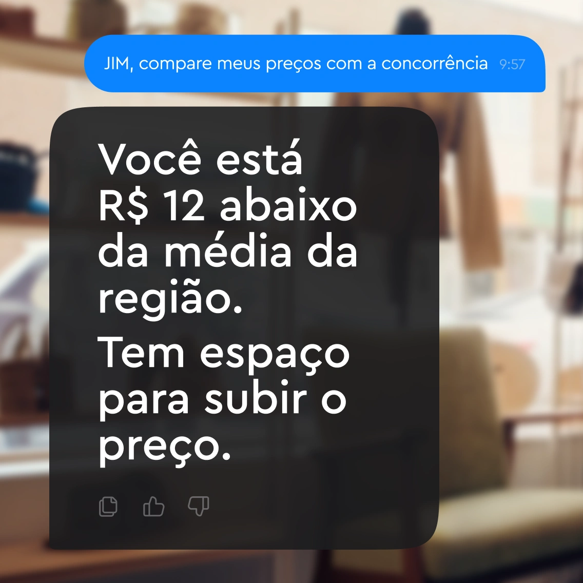 Chat showing user asking Jim to compare prices; Jim replies prices are R$12 below regional average.