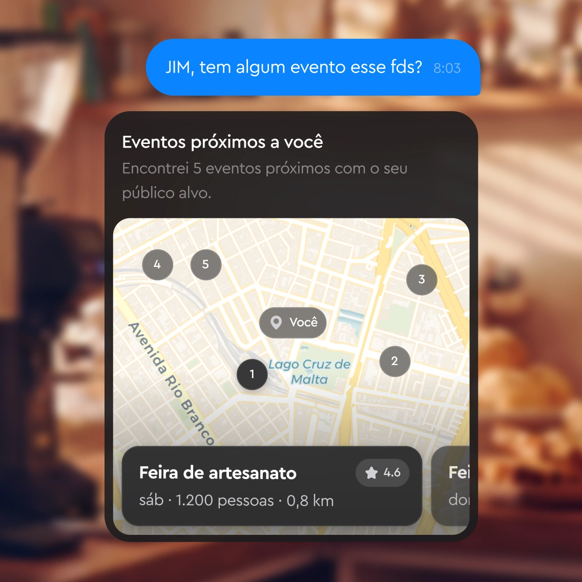 Map showing five nearby events with one highlighted called Feira de artesanato, 0.8 km away with 4.6 rating.