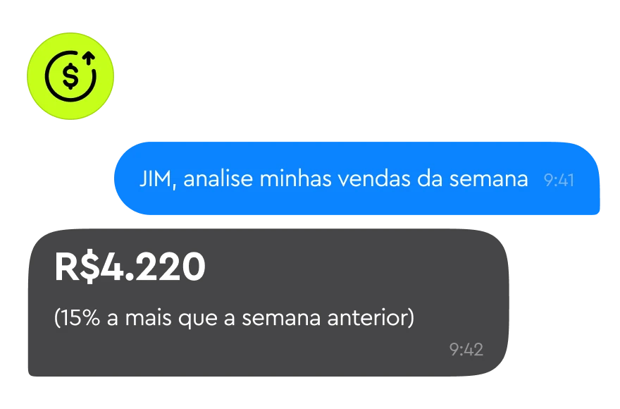 Chat with financial assistant showing weekly sales of R$4,220, 15% higher than last week.
