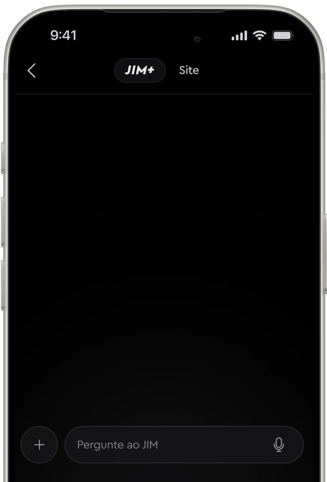 Smartphone screen showing JIM+ app with voice input bar labeled Pergunte ao JIM in Portuguese.