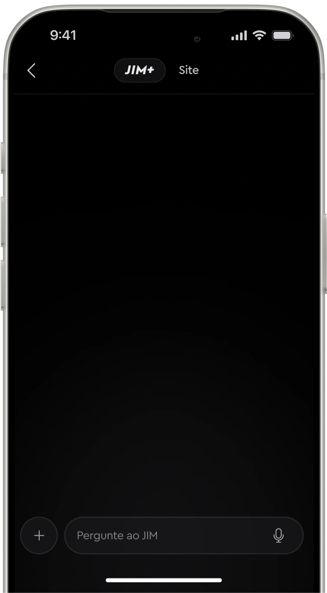 Mobile screen showing a dark chat app interface with 'Pergunte ao JIM' input box and microphone icon.