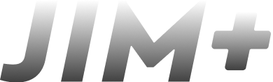 Text logo reading 'JIM+' in gray gradient on black background.