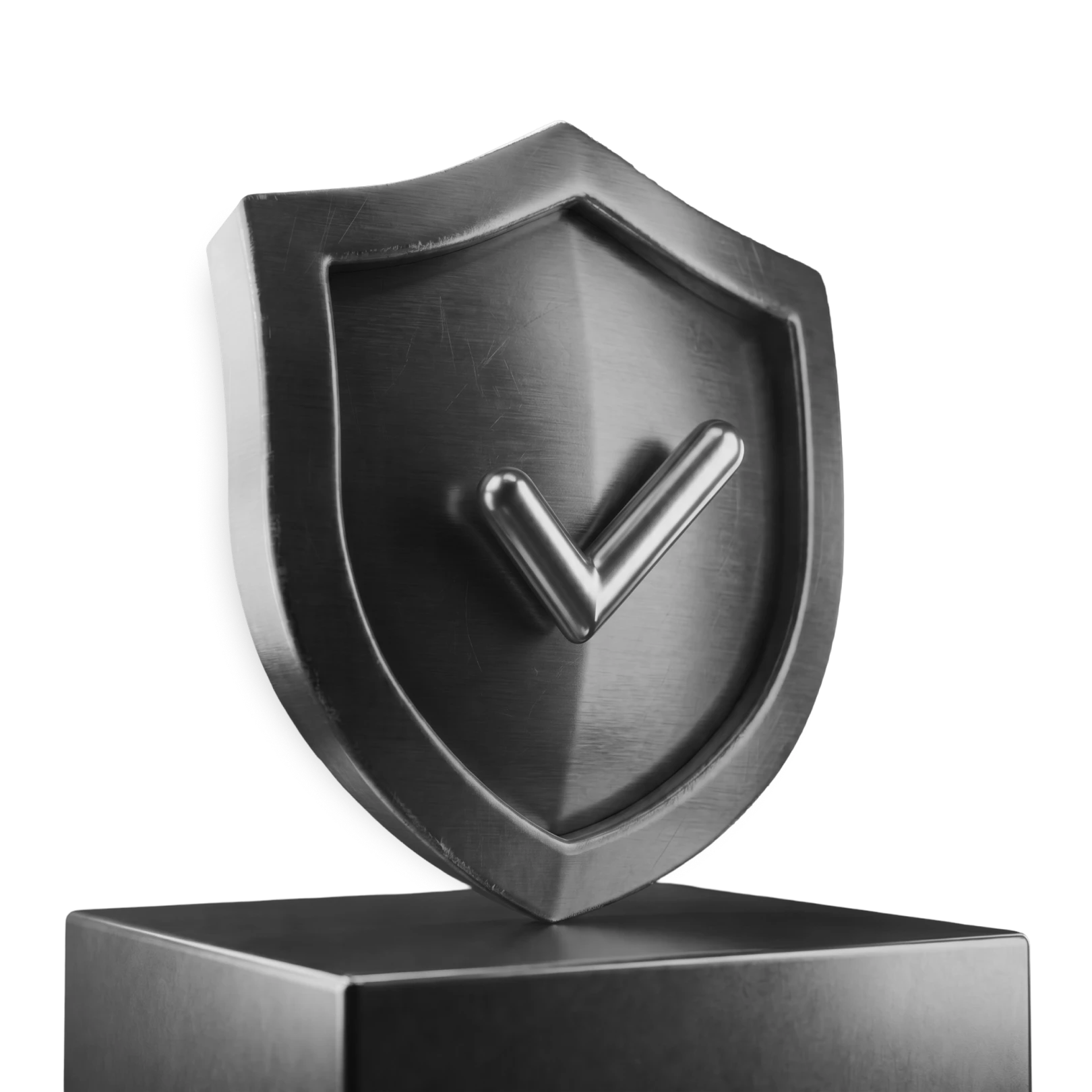 Metallic shield with a checkmark on a square pedestal symbolizing protection or security.