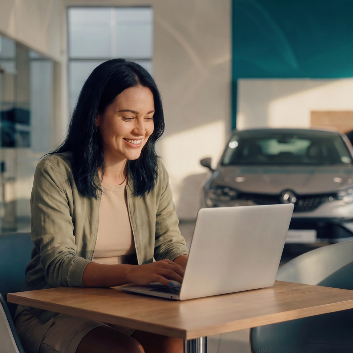 Smiling woman typing on laptop at a wooden table in a car dealership showroom.