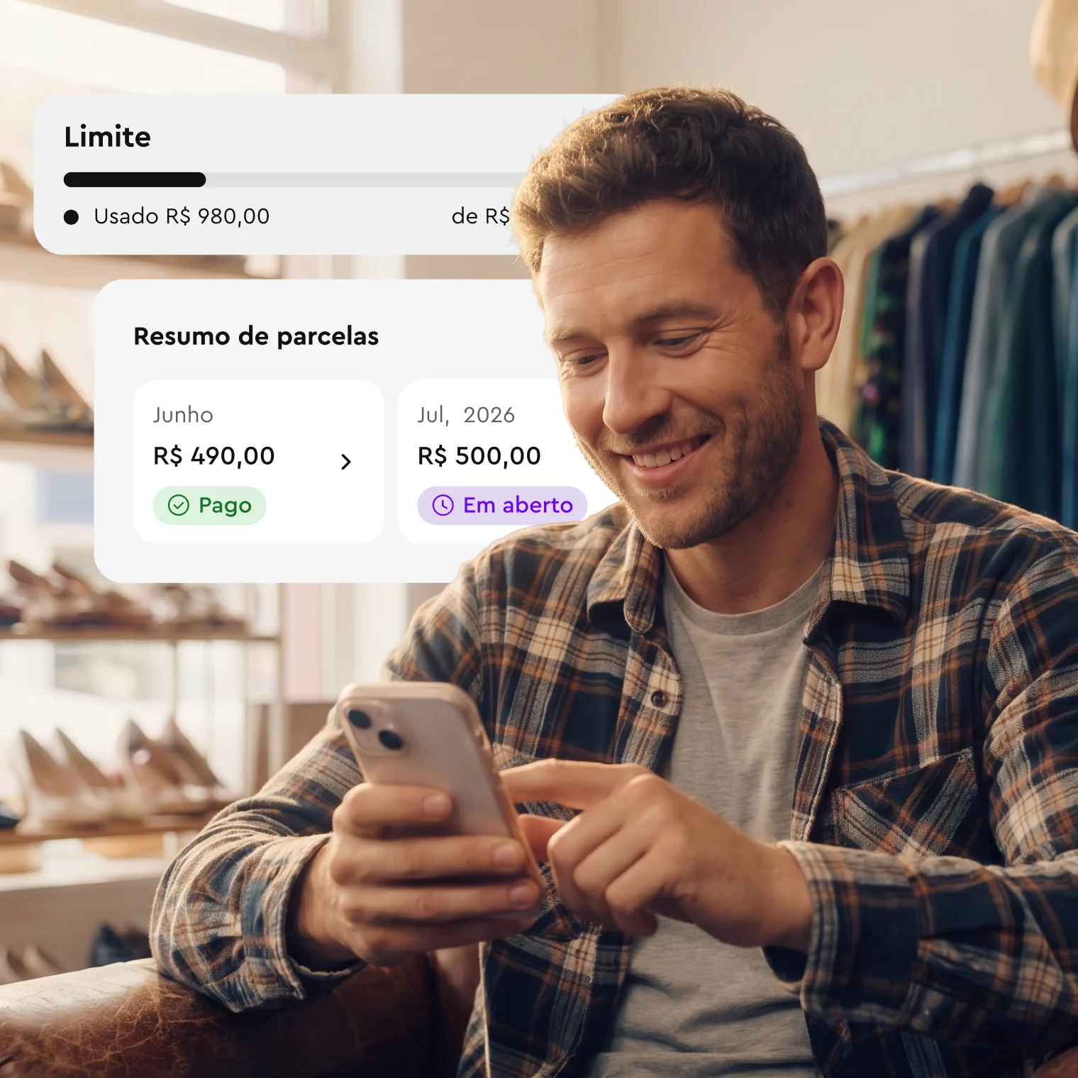 Smiling man in plaid shirt using smartphone with financial app showing payment summary in Portuguese.
