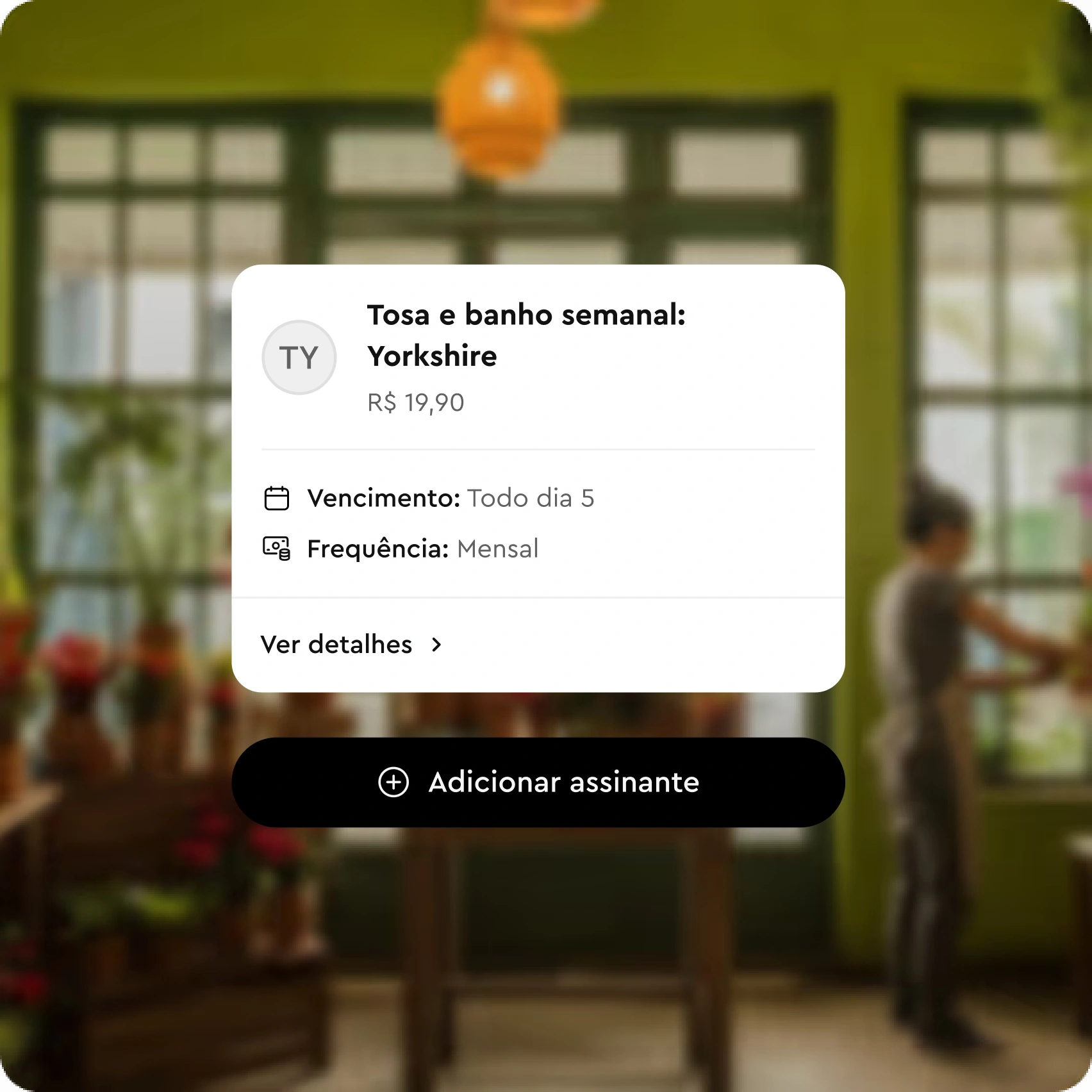 Tela de assinatura com serviço de tosa e banho semanal para Yorkshire a R$19,90, vencimento dia 5.