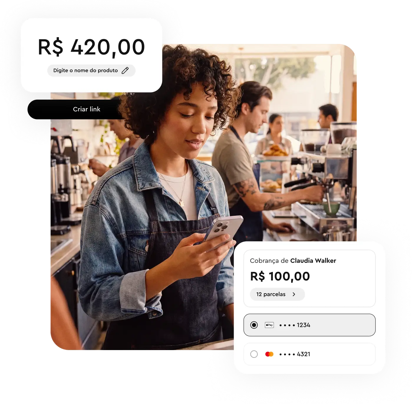 Foto mostra um homem segurando um celular sobre as pernas cruzadas. A tela mostra uma conversa no WhatsApp em que uma pessoa envia um link de pagamento para a outra. A imagem leva o selo da Mastercard de melhor taxa de aprovação