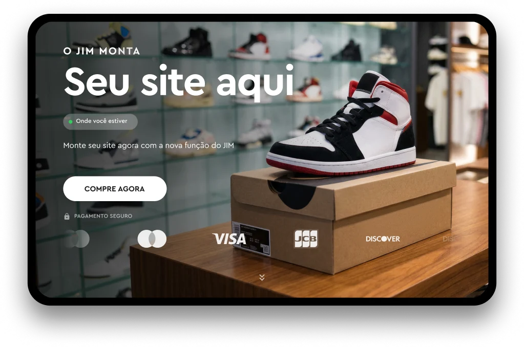 Site criado pelo JIM aberto num tablet, com o título Seu site aqui e uma vitrine de tênis