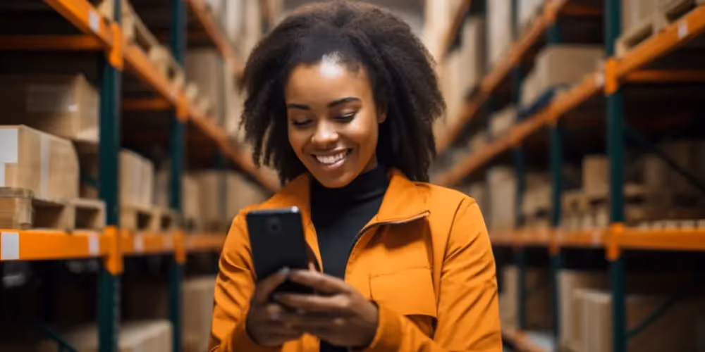Imagem que ilustra artigo sobre dicas para vender com segurança na internet mostra uma mulher negra sorrindo e segurando um celular, com um depósito ao fundo