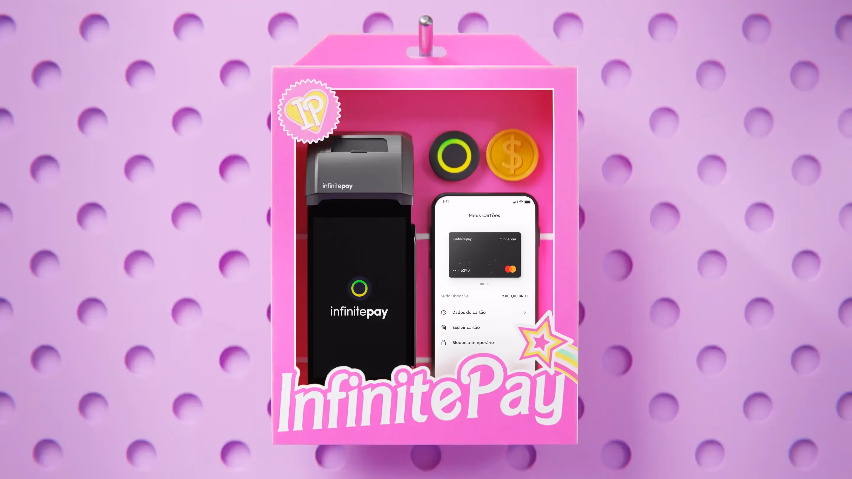 fundo em tom roxo rosado, em textura 3D. Uma caixa rosa se encontra no meio, nela está a maquininha da InfinitePay preta e seus acessórios: um celular com cartão digital, dinheiro e um BRLC.