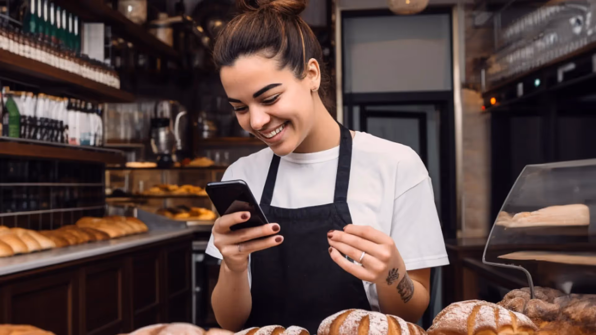 Imagem que ilustra artigo sobre capital de giro mostra mulher com camiseta branca e avental preto olhando para o celular e sorrindo, atrás de uma bancada de pães