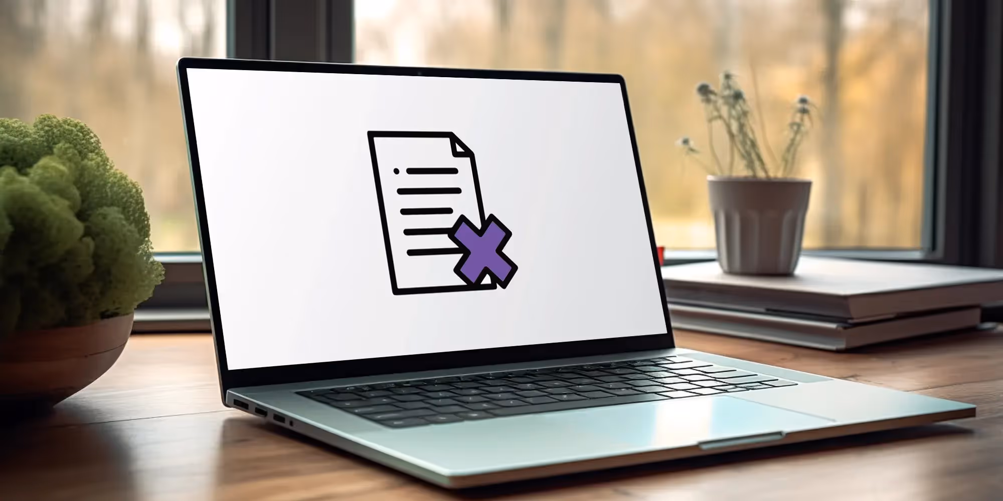 Na imagem, há um notebook no centro da tela. Em sua tela, é possível ver uma ilustração de uma página com um ícone de "X" no canto, simbolizando o cancelamento do MEI que é abordado no artigo