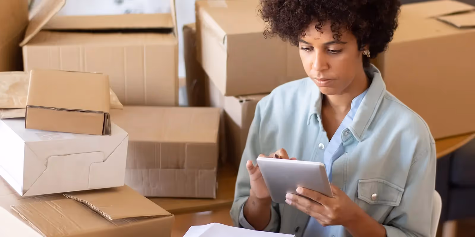 tipos de estoque: cenário de muitas caixas com uma mulher segurando um tablet dando a entender que está conferindo estoque