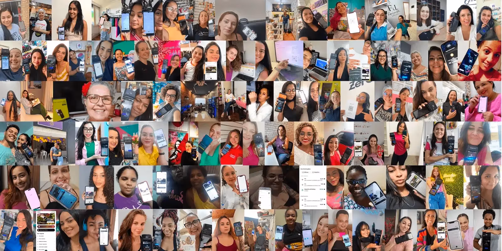 Imagem que ilustra artigo que fala sobre o estudo "InfinitePay e as Mulheres que Prosperam" mostra fotos de muitas clientes mulheres da InfinitePay
