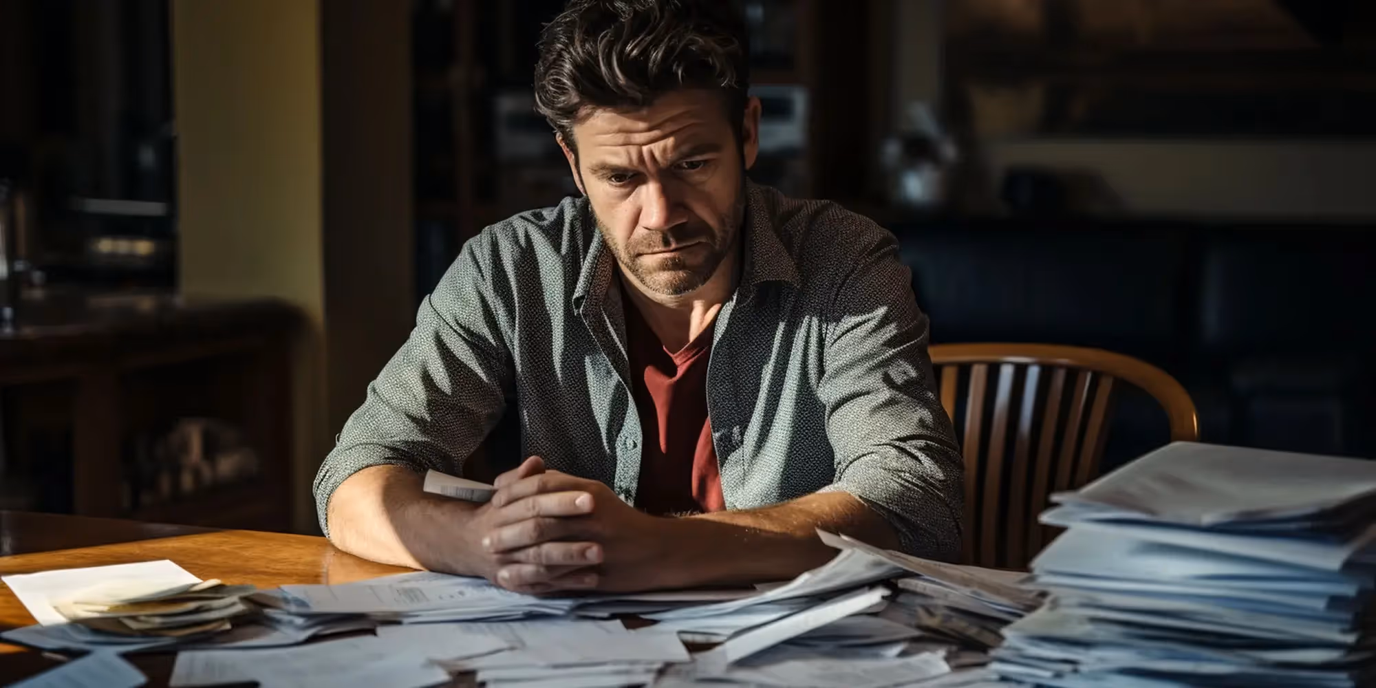 Imagem que ilustra artigo sobre contas a pagar mostra homem cabisbaixo, olhando para uma pilha de contas