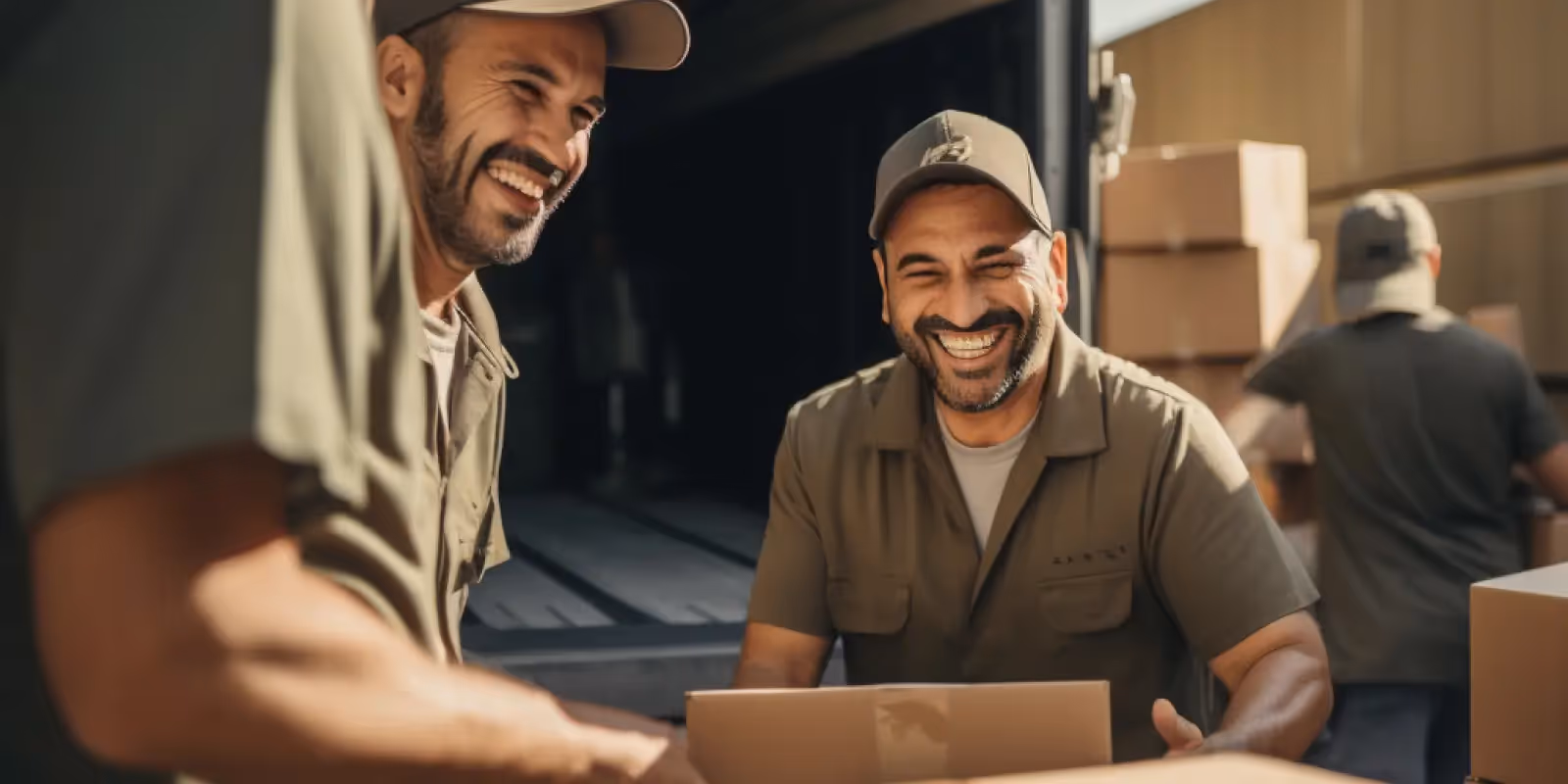 Imagem que ilustra artigo sobre alíquota interestadual mostra homens, vestidos de macacão marrom, levando caixas de entregas para dentro de um caminhão