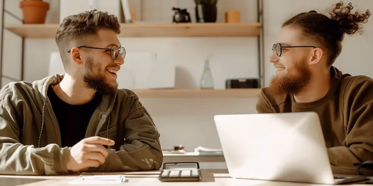 Dois homens sorrindo e conversando sobre CGC em um ambiente de escritório, um deles com um laptop à frente